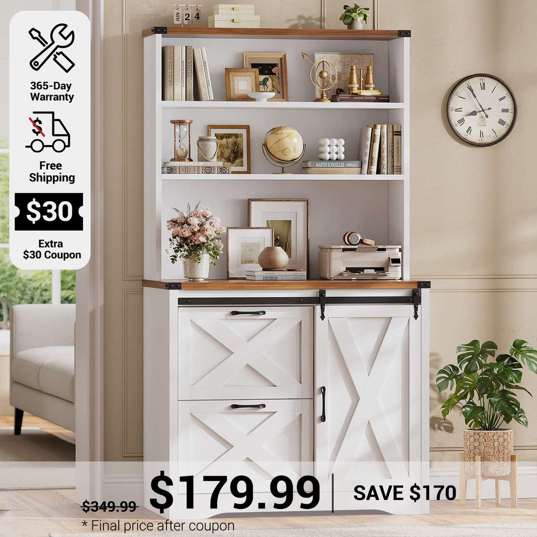 SEDETA 31.5 Inch Farmhouse 2 Drawer File Cabinet with Printer Stand Storage Shelf Sliding Door Hanging File Folders fits Letter Legal A4 Size