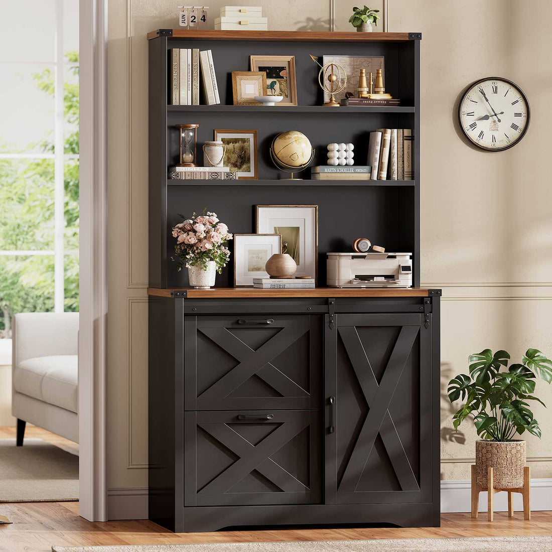SEDETA | 31.5 Inch Farmhouse File Cabinet with Printer Stand Storage Shelf Sliding Door 2 Drawer Filing Cabinet fits Letter Legal A4 Size for Home Office