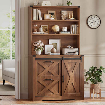 SEDETA® 31.5 Inch Farmhouse File Cabinet with 2 Drawer Printer Stand Storage Shelf Sliding Door Filing Cabinet fits Letter Legal A4 Size
