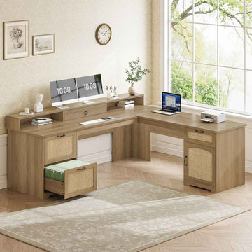 SEDETA | 63 Inch Rattan L Shaped Executive Desk Farmhouse Corner Wood Computer Desk with Drawers File Drawers Storage Cabinet Monitor Stand