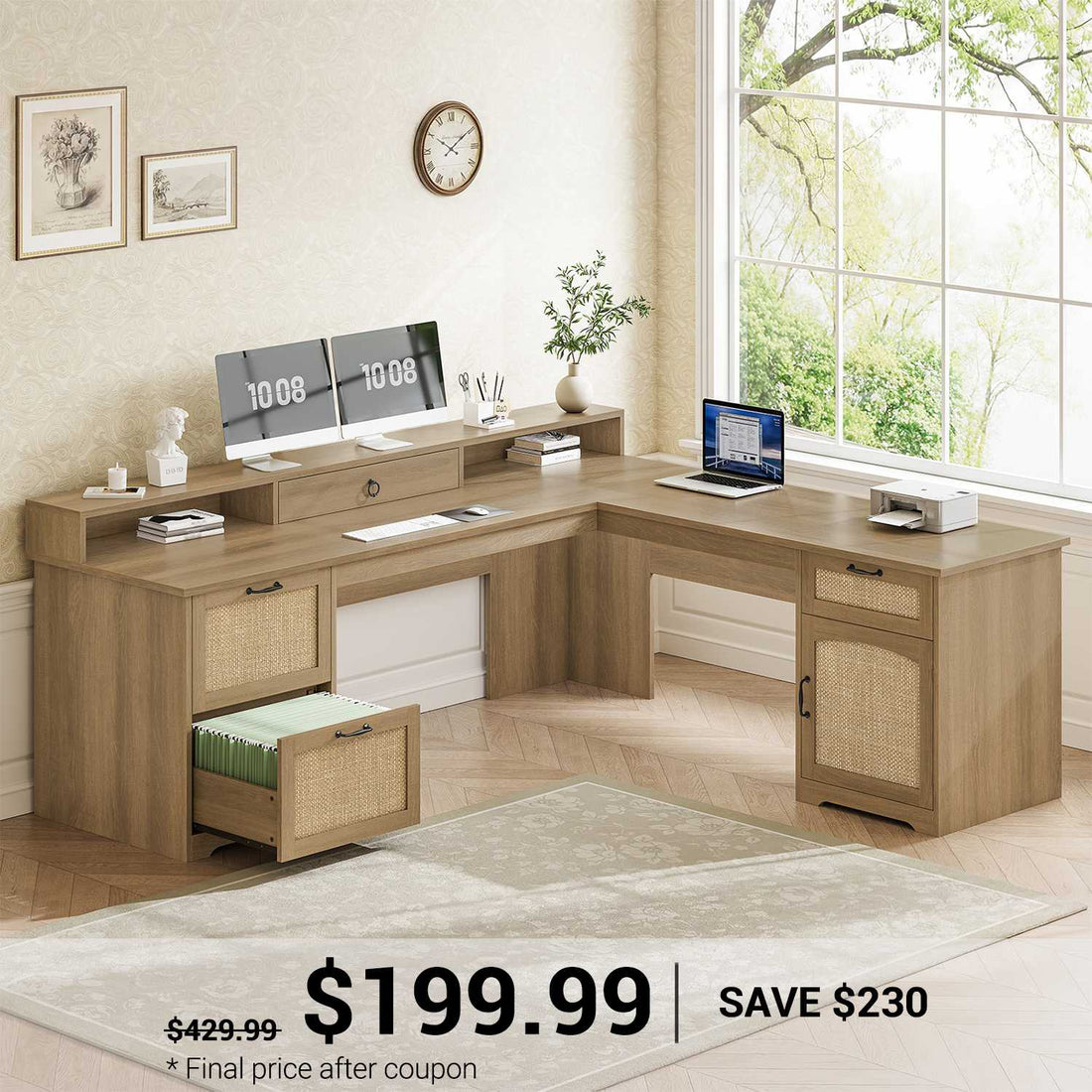 SEDETA | 63 Inch Rattan L Shaped Executive Desk Farmhouse Corner Wood Computer Desk with Drawers File Drawers Storage Cabinet Monitor Stand