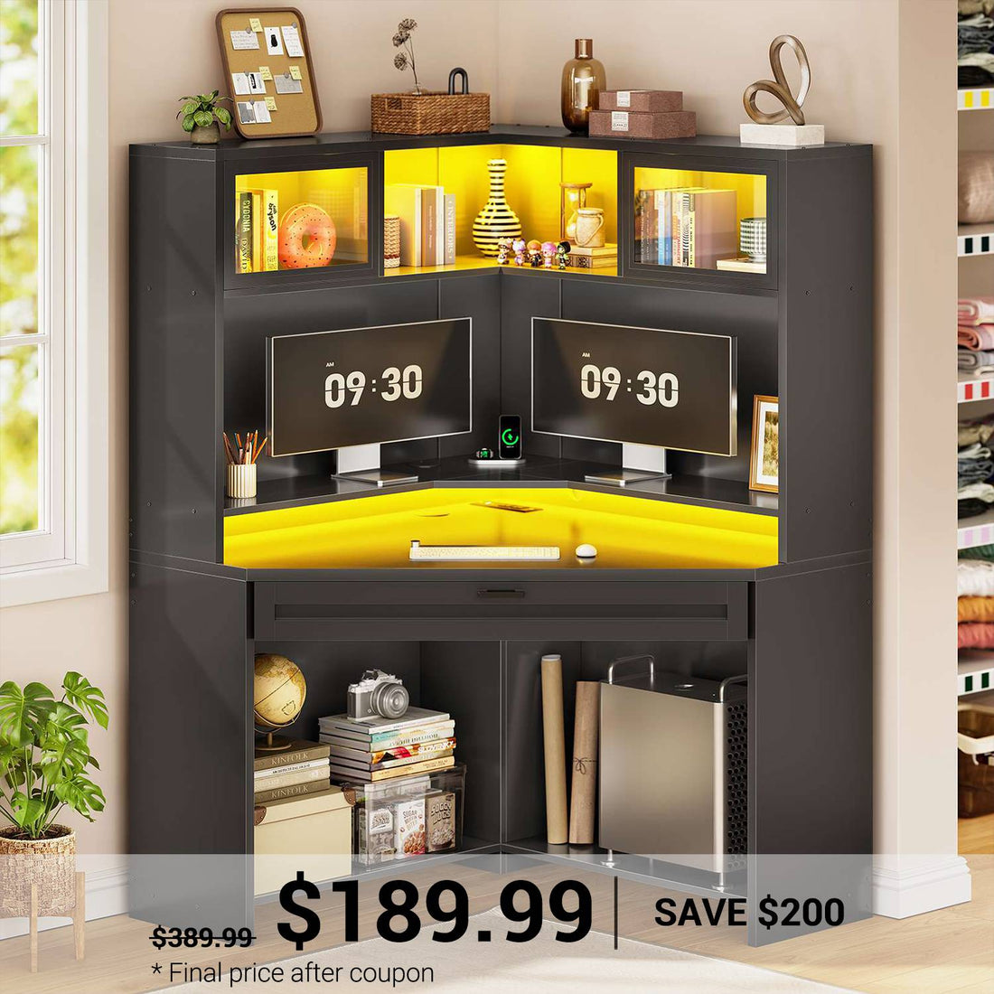 SEDETA | 31.5 Inch Corner Gaming Desk Computer Office Desk Small Space with Drawers Storage Shelves Hutch LED Lights Power Strip
