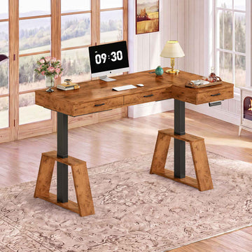 SEDETA 59 Inch L Shaped Electric Standing Desk Executive Height Adjustable Computer Desk with Drawers Power Outlets