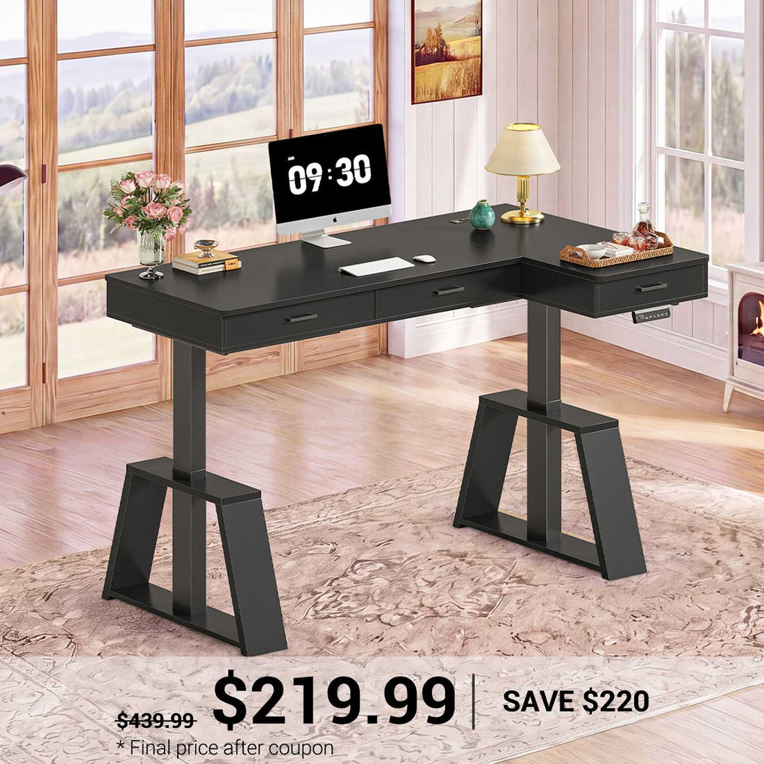 SEDETA | 59 Inch L Shaped Electric Standing Desk Height Adjustable with Drawers, Ergonomic Executive Computer Desk, Power Outlets