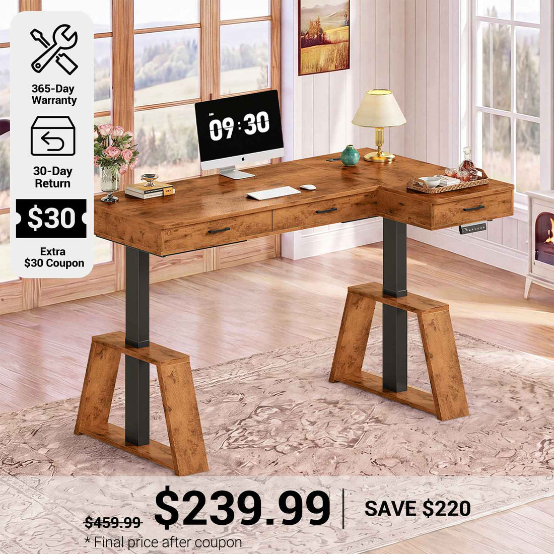 SEDETA 59 Inch L Shaped Electric Standing Desk Executive Height Adjustable Computer Desk with Drawers Power Outlets