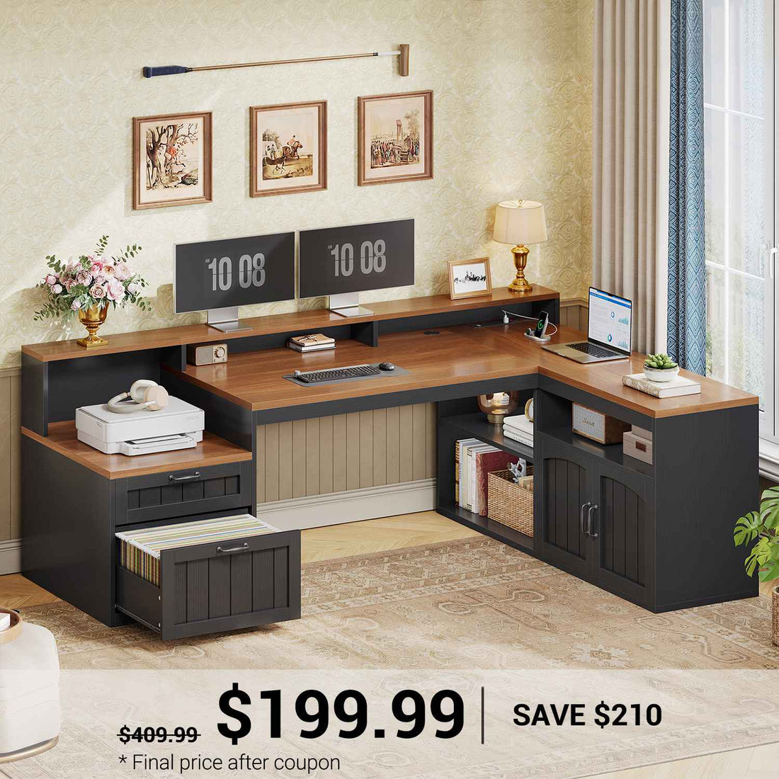 SEDETA | 59 Inch Wood Corner Computer Desk Farmhouse L Shaped Home Office Desk with Monitor Stand Power Outlets File Drawers Storage Cabinet