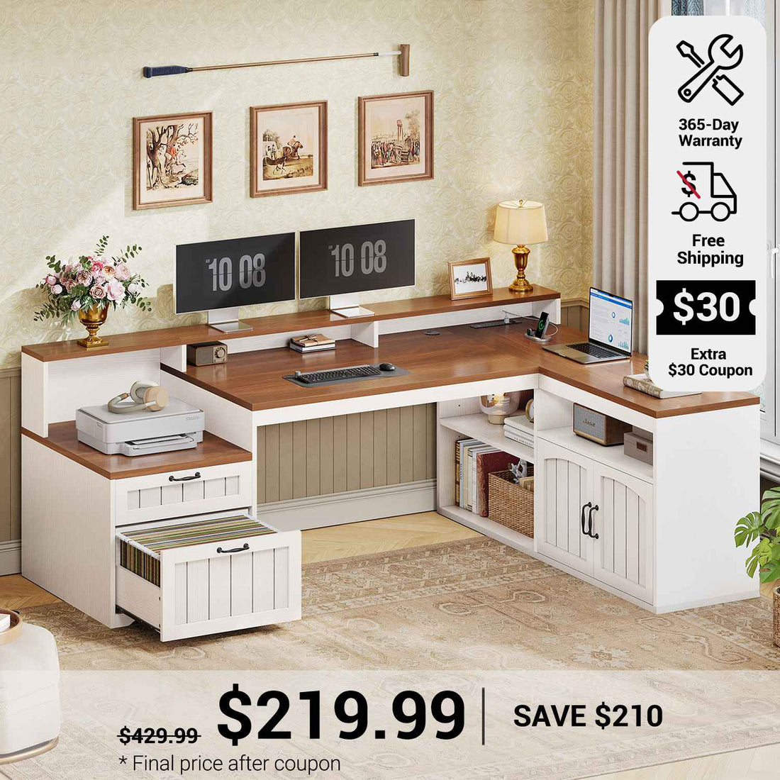 SEDETA 59 Inch Farmhouse L Shaped Computer Desk Wood Corner Office Desk with Power Outlets File Drawers Storage Cabinet Monitor Stand