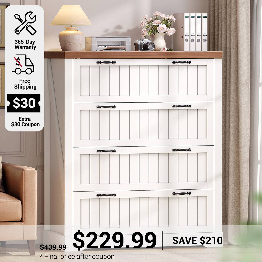 SEDETA 33.5 Inch Farmhouse 4 Drawer File Cabinet Filing Cabinet for Home Office Wood Office File Cabinets for Letter/Legal/A4 Size File Cabinet Organizer for Study Room Living Room