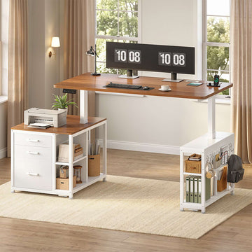 SEDETA | 61 Inch Home Office Stand up Desk with 3 Fabric Drawers Height Adjustable Computer Desk with Power Outlets Electric Standing Desk with Storage Drawers