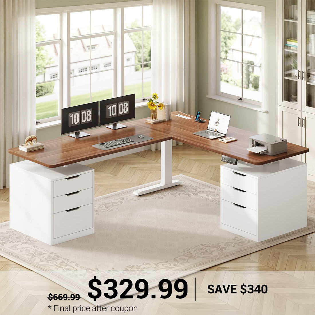 SEDETA | 66.9 Inch L Shaped Electric Standing Desk with 6 Drawers, Sit Stand Desk with 3 Memory Heights, Height Adjustable Corner Desk