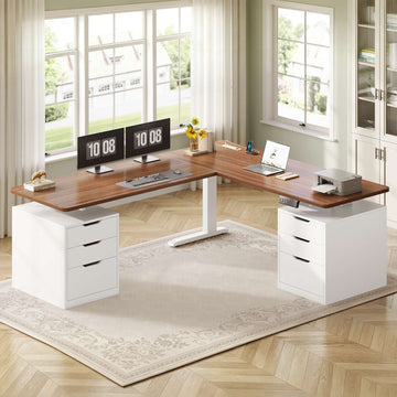 SEDETA® 66.9 Inch L Shaped Electric Standing Desk Height Adjustable Corner Sit Stand Desk with 3 Memory Heights Built-in Power Outlet 6 Drawers