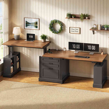 SEDETA® 98.4 Inch Farmhouse Electric Standing Two Person Desk Height Adjustable Long Computer Desk with Storage Cabinet 3 Drawers Power Outlets for Home Office
