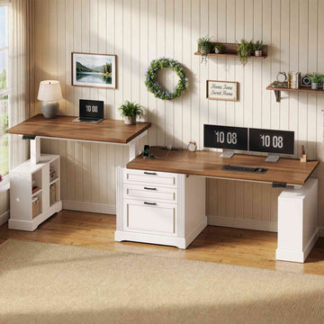 SEDETA 98.4 Inch Two Person Electric Standing Desk Height Adjustable, Long Farmhouse Computer Desk with 3 Drawers, Storage Cabinet, Power Outlets