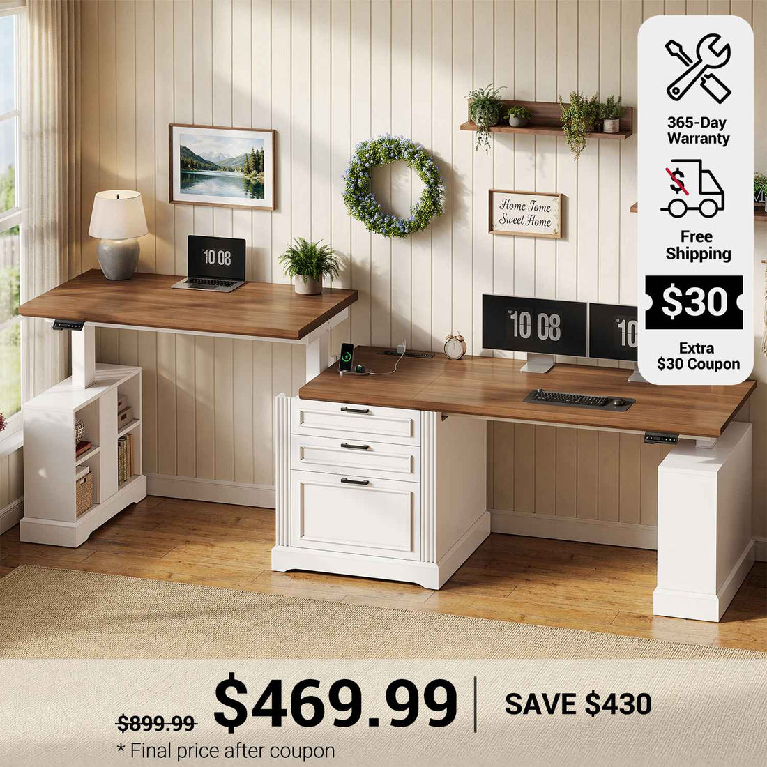 SEDETA 98.4 Inch Two Person Electric Standing Desk Height Adjustable, Long Farmhouse Computer Desk with 3 Drawers, Storage Cabinet, Power Outlets