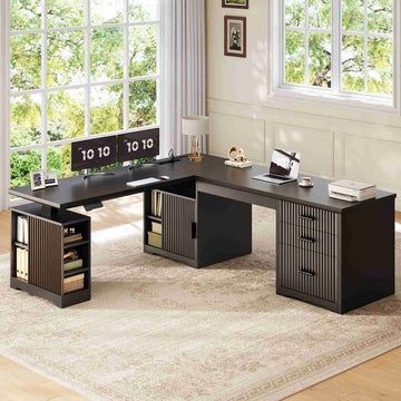 SEDETA 63 Inch Fluted L Shaped Electric Standing Desk Height Adjustable, Two Person Executive Desk with Drawers, Storage Shelves, Power Outlet for Home Office