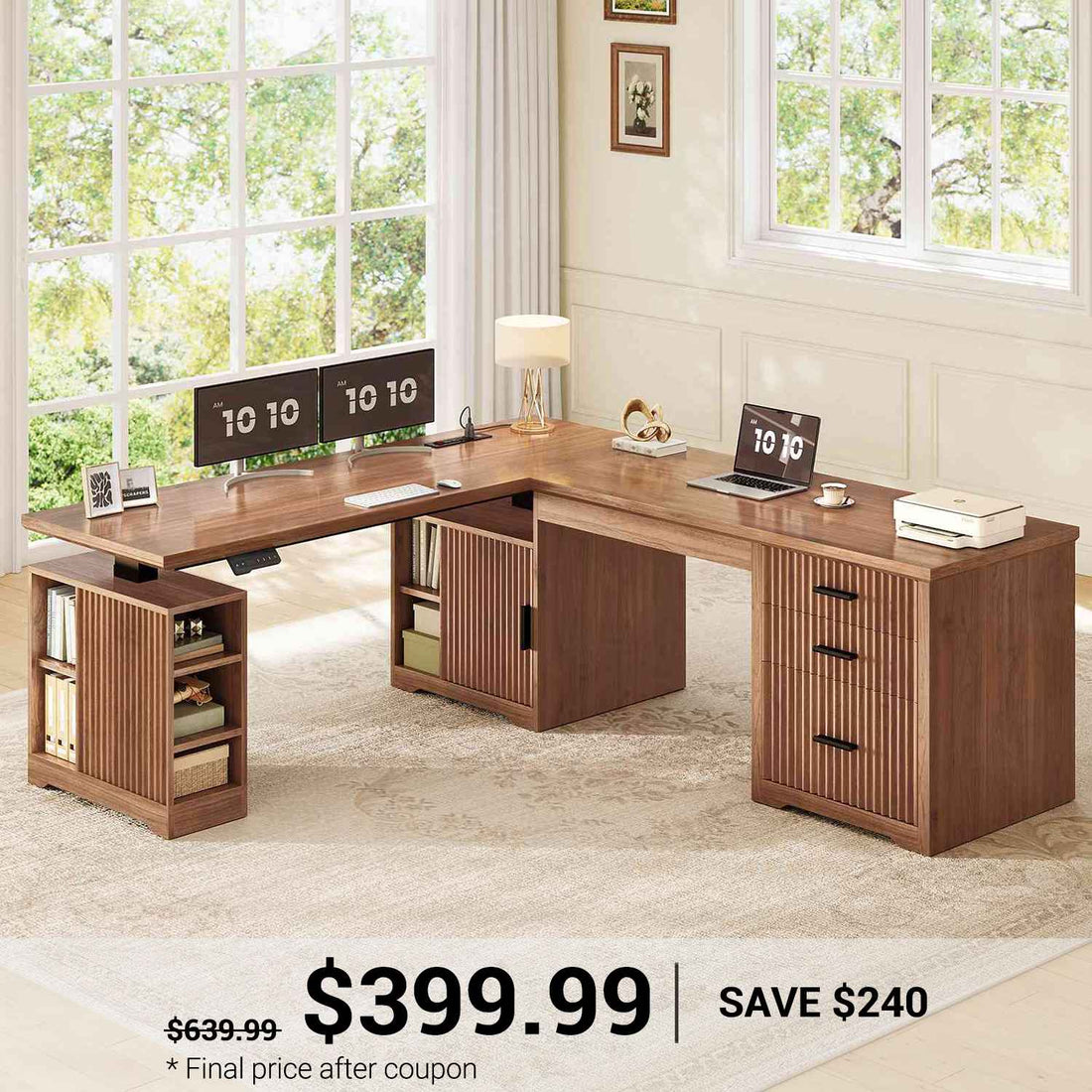 SEDETA | 63 Inch Fluted L Shaped Electric Standing Desk Height Adjustable, Two Person Executive Desk with Drawers, Storage Shelves, Power Outlet
