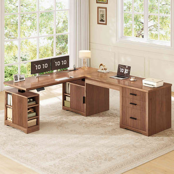 SEDETA® 63 Inch Fluted Height Adjustable Home Office Executive Desk with Drawers and Shelves L Shaped Electric Standing Desk  Two Person Desk with Power Outlet for Home Office