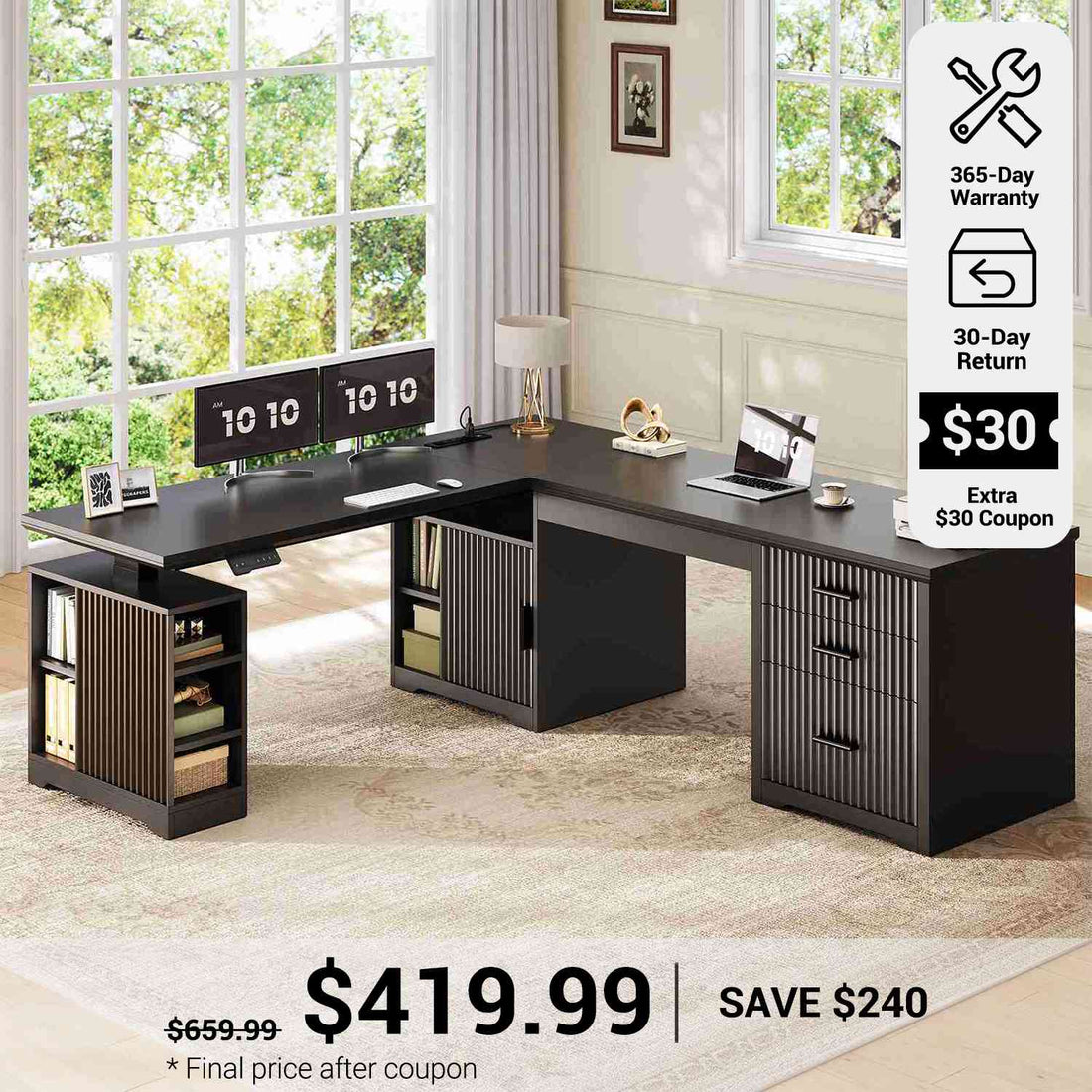 SEDETA 63 Inch Fluted L Shaped Electric Standing Desk Height Adjustable, Two Person Executive Desk with Drawers, Storage Shelves, Power Outlet for Home Office