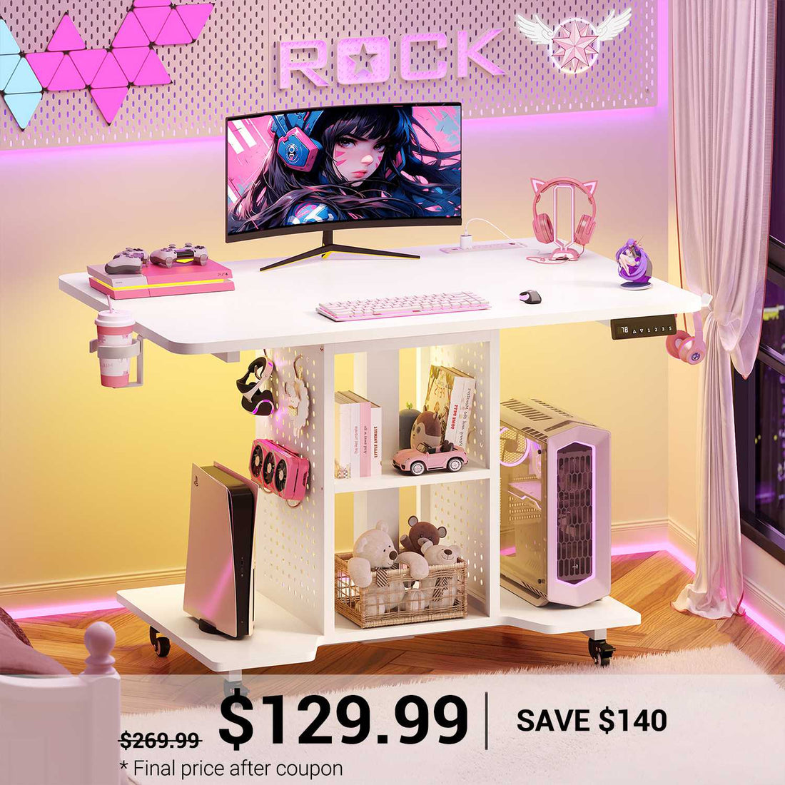 SEDETA | 31.5 Inch Standing Gaming Desk Small Height Adjustable Computer PC Desk with Rolling RGB LED Light Power Outlet Storage Shelves Pegboard
