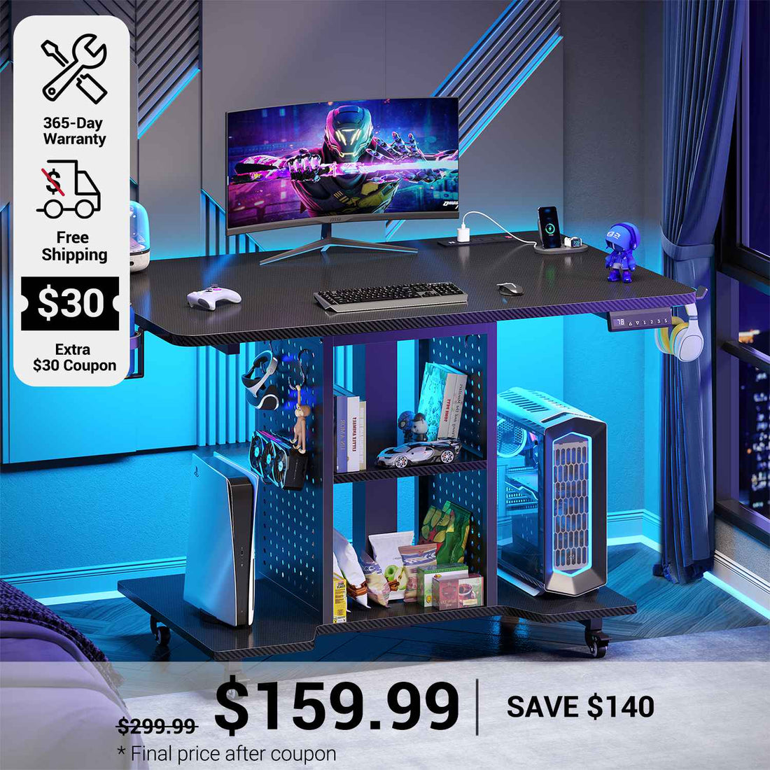SEDETA 31.5 Inch Small Standing Gaming Desk Rolling Computer PC Desk Height Adjustable with Power Outlet Pegboard Storage Shelves RGB LED Light