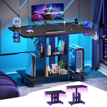 SEDETA 31.5 Inch Small Standing Gaming Desk Rolling Computer PC Desk Height Adjustable with Power Outlet Pegboard Storage Shelves RGB LED Light