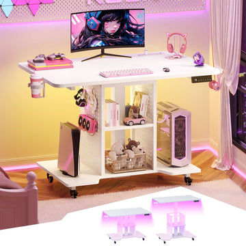 SEDETA | 31.5 Inch Standing Gaming Desk Small Height Adjustable Computer PC Desk with Rolling RGB LED Light Power Outlet Storage Shelves Pegboard
