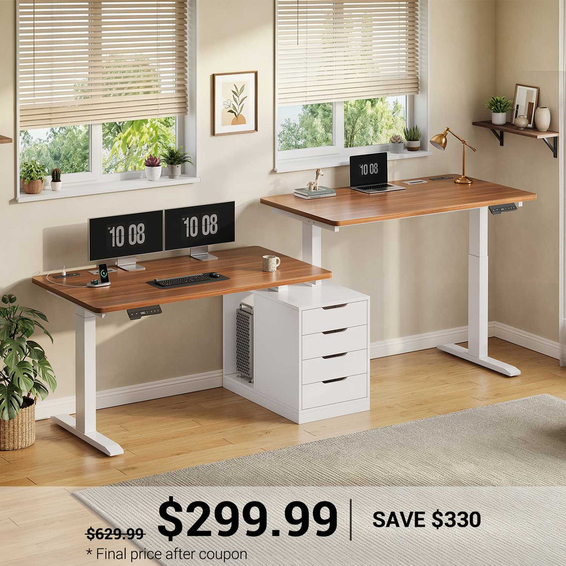 SEDETA | 94 Inch Electric Height Adjustable Standing Two Person Office Desk Long Computer Desk with Cable Management 4 Drawers 2 Power Outlets CPU Stand