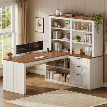 SEDETA 59 Inch Farmhouse Corner Computer Desk Wood Office L Shaped Desk with 3 Drawers 5-Tier Bookshelf Storage Shelves Power Outlet for Small Space