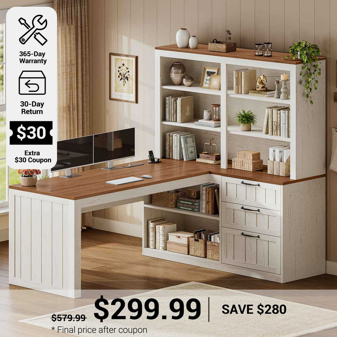 SEDETA 59 Inch Farmhouse Corner Computer Desk Wood Office L Shaped Desk with 3 Drawers 5-Tier Bookshelf Storage Shelves Power Outlet for Small Space