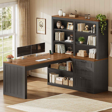 SEDETA® 59 Inch Farmhouse L Shaped Computer Desk Wood Corner Office Desk with Power Outlet Storage Shelves 5-Tier Bookshelf 3 Drawers for Small Space