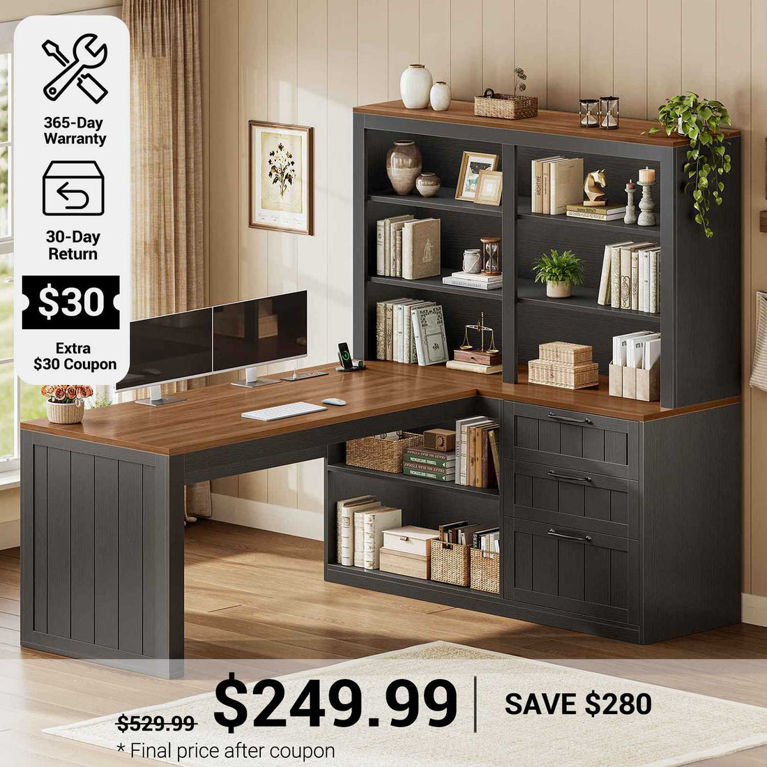 SEDETA® 59 Inch Farmhouse L Shaped Computer Desk Wood Corner Office Desk with Power Outlet Storage Shelves 5-Tier Bookshelf 3 Drawers for Small Space