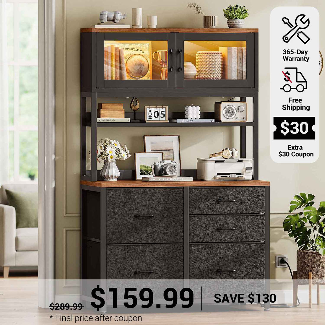 SEDETA 31.5 Inch 5 Drawer File Cabinet with Power Strip Filing Cabinet fits Legal Letter A4 Size File for Home Office with Printer Stand LED Lights and Storage Shelf