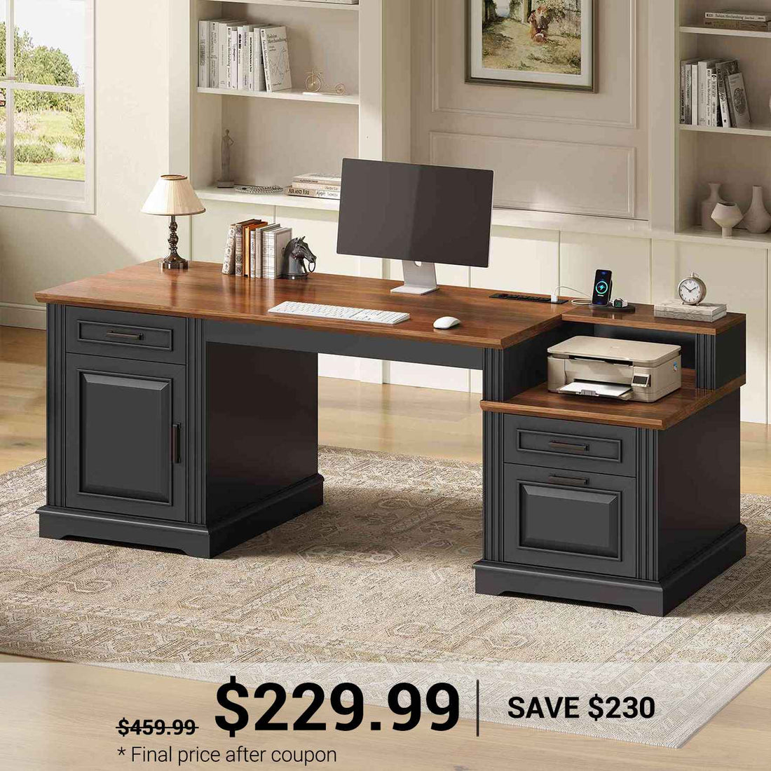 SEDETA | 62 Inch Farmhouse Computer Desk with Power Outlet Home Office Desk with 3 Drawers Printer Stand Executive Desk with Storage Cabinet