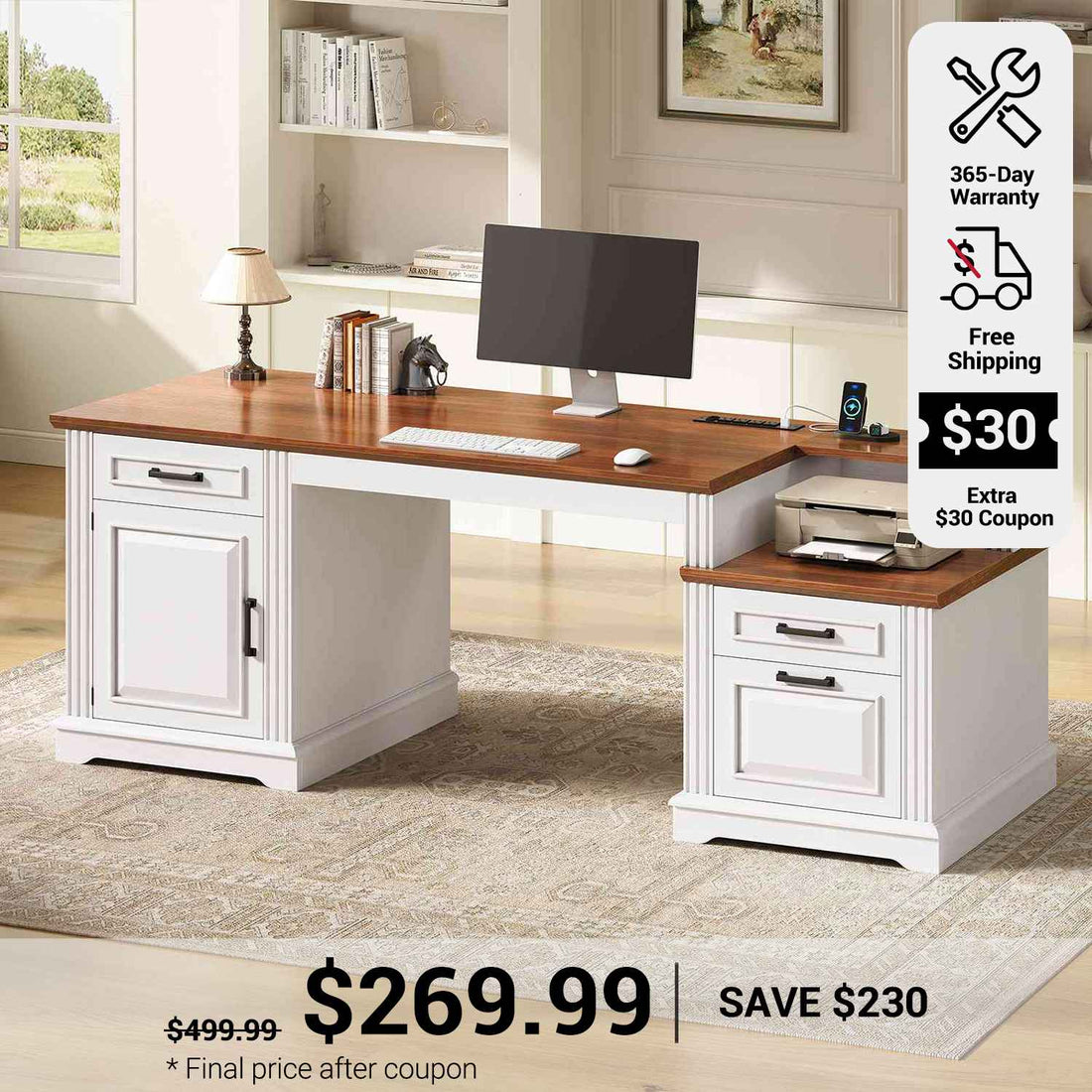 SEDETA 62 Inch Farmhouse Executive Desk Computer Desk with 3 Drawers Storage Cabinet Power Outlet Printer Stand for Home Office