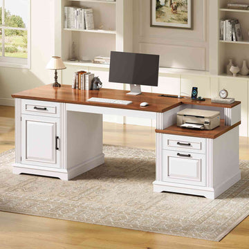 SEDETA 62 Inch Farmhouse Executive Desk Computer Desk with 3 Drawers Storage Cabinet Power Outlet Printer Stand for Home Office
