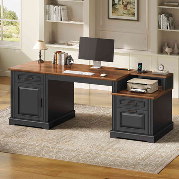 SEDETA | 62 Inch Farmhouse Computer Desk with Power Outlet Home Office Desk with 3 Drawers Printer Stand Executive Desk with Storage Cabinet