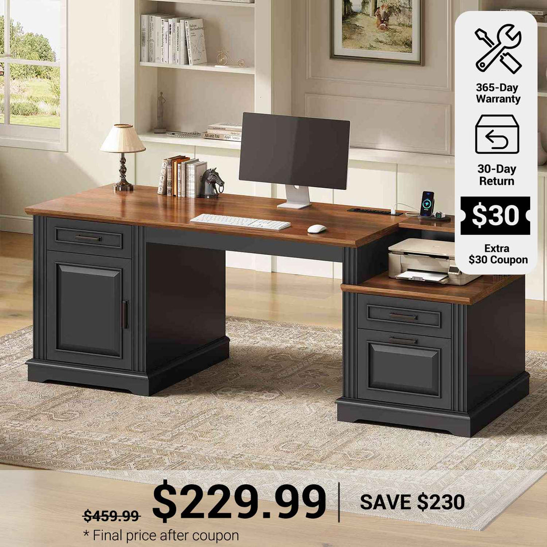 SEDETA® 62 Inch Farmhouse Computer Desk Executive Desk with with Power Outlet Printer Stand 3 Drawers Storage Cabinet for Home Office