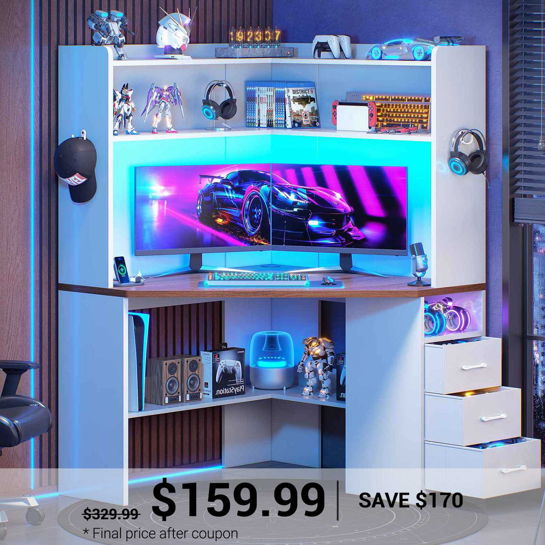 SEDETA | 31.5 Inch Corner Computer Desk with Storage Shelves Power Strip Corner Gaming Desk with 3 Drawers LED Lights Corner Desk for Small Space Corner Desk with Hutch for Home Office
