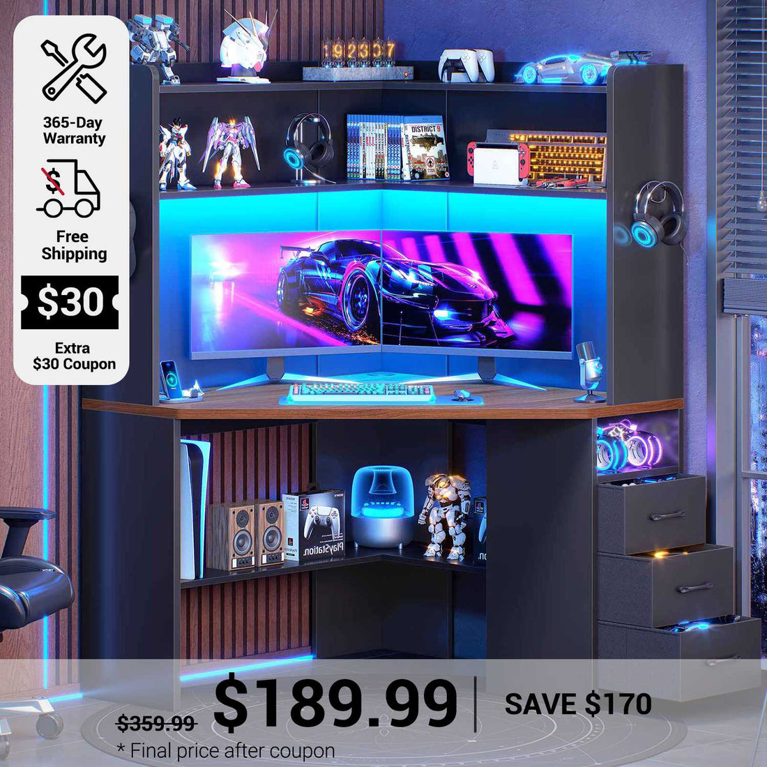SEDETA 31.5 Inch Corner Desk for Small Space Corner Gaming Desk with 3 Drawers LED Lights Corner Desk with Hutch Corner Computer Desk with Storage Shelves Power Strip for Home Office