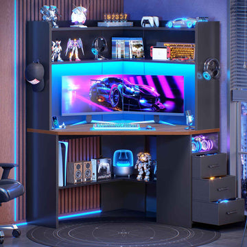 SEDETA 31.5 Inch Corner Desk for Small Space Corner Gaming Desk with 3 Drawers LED Lights Corner Desk with Hutch Corner Computer Desk with Storage Shelves Power Strip for Home Office