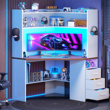 SEDETA | 31.5 Inch Corner Computer Desk with Storage Shelves Power Strip Corner Gaming Desk with 3 Drawers LED Lights Corner Desk for Small Space Corner Desk with Hutch for Home Office