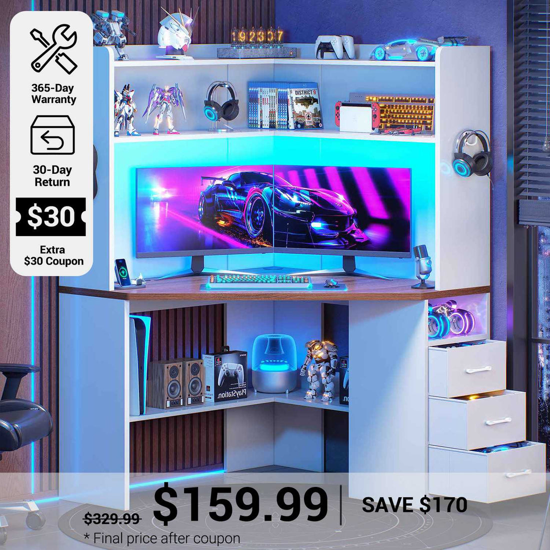 SEDETA® 31.5 Inch Corner Gaming Desk with 3 Drawers LED Lights Office Computer Desk for Small Space with Hutch Storage Shelves Power Strip