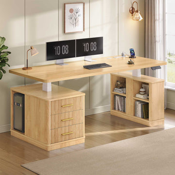 SEDETA 63 Inch Modern Fluted Electric Standing Desk Height Adjustable Computer Desk with 3 Drawers Storage Shelves Power Outlets Wood Home Office Stand up Desk