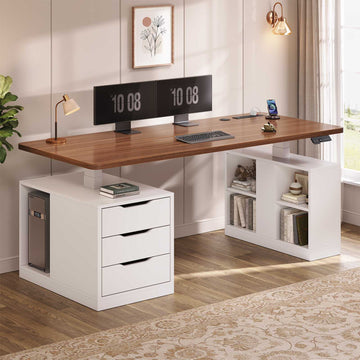 SEDETA | 63 Inch Home Office Stand up Desk with Power Outlets Modern Height Adjustable Computer Desk with 3 Drawers Electric Standing Desk with Storage Shelves for Work Study Writing