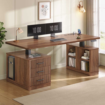 SEDETA | 63 Inch Fluted Stand up Desk with Power Outlets Height Adjustable Standing Desk with 3 Drawers Electric Standing Desk with Storage Shelves for Home Office