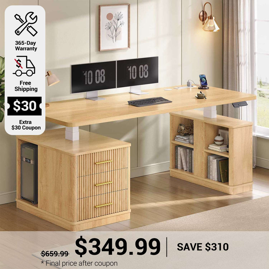 SEDETA 63 Inch Modern Fluted Electric Standing Desk Height Adjustable Computer Desk with 3 Drawers Storage Shelves Power Outlets Wood Home Office Stand up Desk
