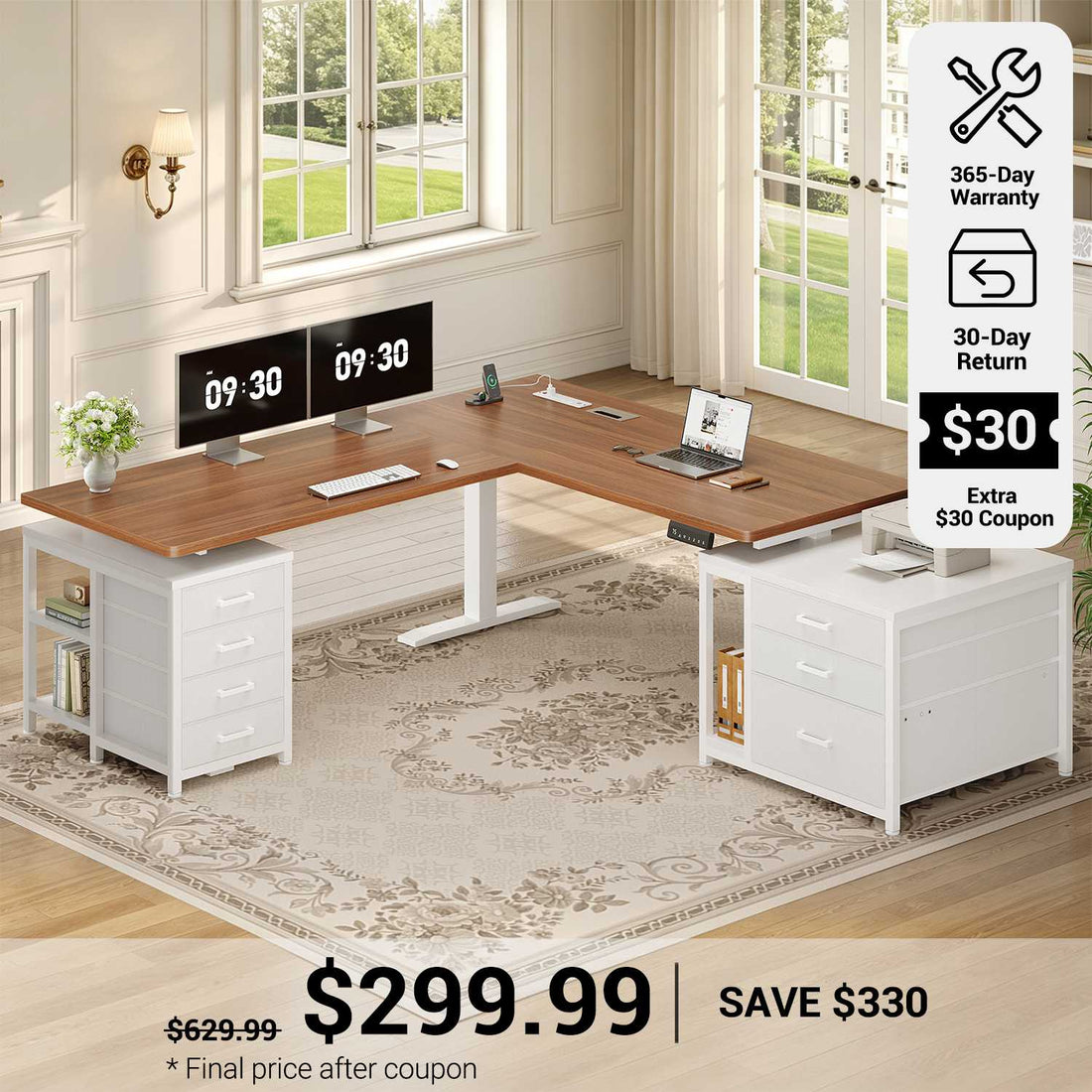 SEDETA® 63 Inch Height Adjustable Stand Up Desk with Power Outlets L Shaped Electric Standing Desk with 7 Drawers Sit Stand Desk with Storage Shelves 3 Memory Presets
