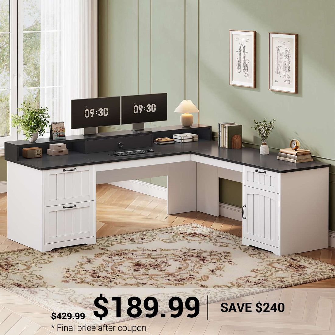 SEDETA | 63 Inch Farmhouse L Shaped Computer Desk with Storage File Drawers, Ergonomic Wood Office Desk, Monitor Stand