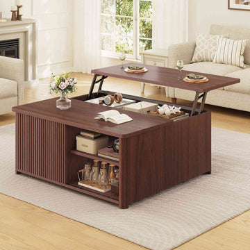 SEDETA® 31.5 Inch Fluted Lift Top Coffee Table with Large Hidden Storage Compartment Square Coffee Tables for Living Room Coffee Table with Adjustable Shelves