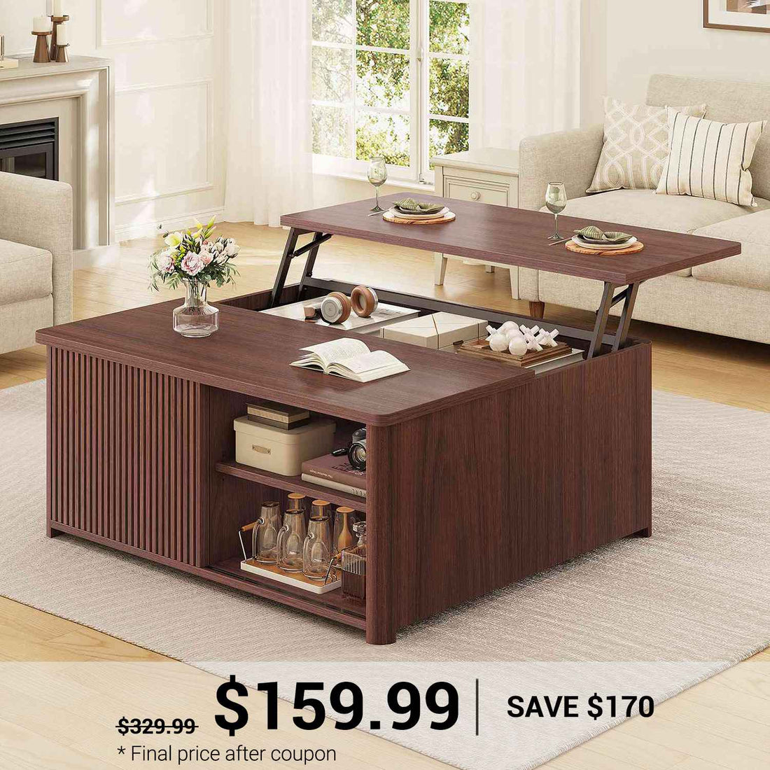SEDETA | 31.5 Inch Fluted Square Coffee Table with Large Hidden Storage Compartment Lift Top Coffee Table for Living Room Coffee Table with Adjustable Shelves